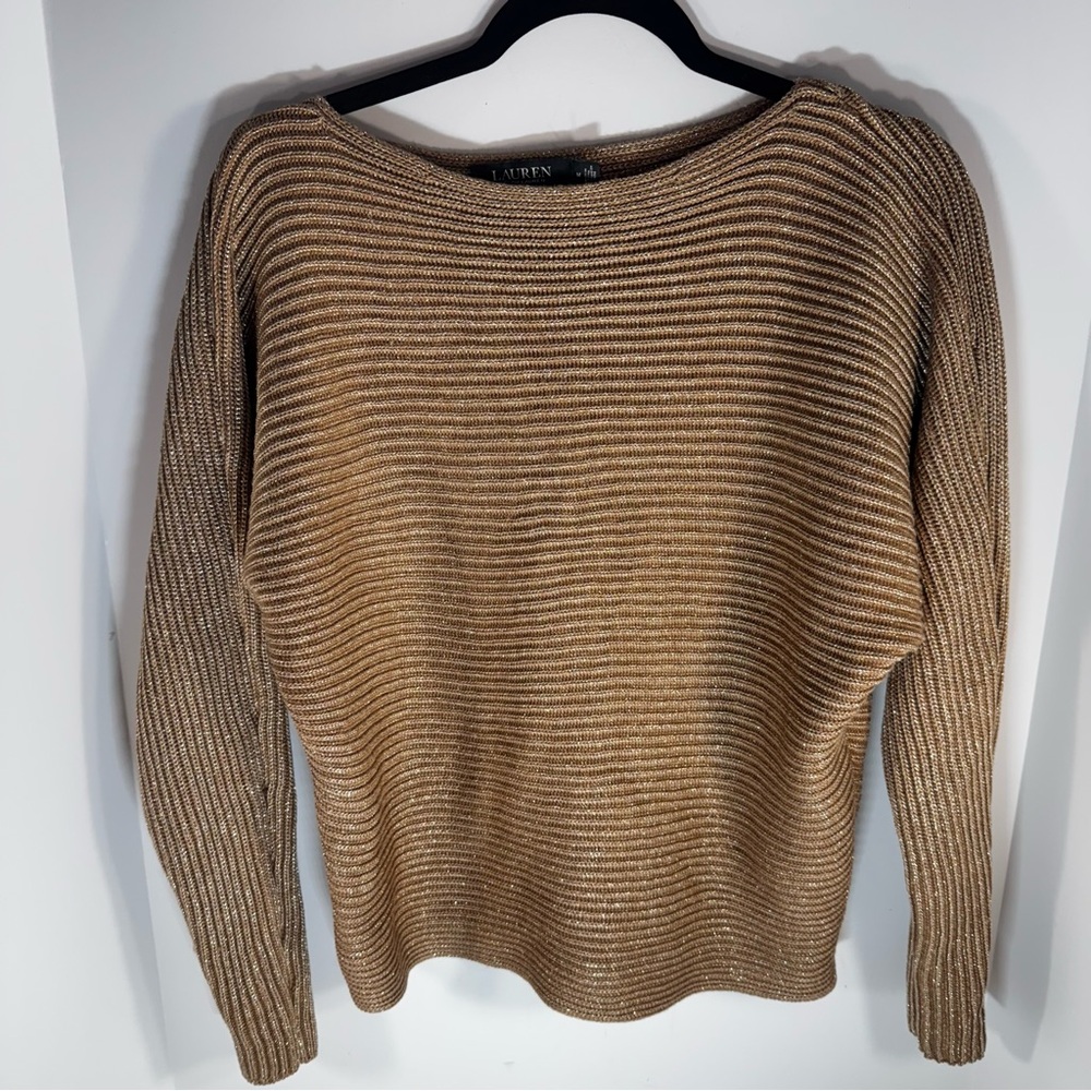 Ralph Lauren Black Label Metallic Ribbed Scoop Neck Sweater in Gold and Tan